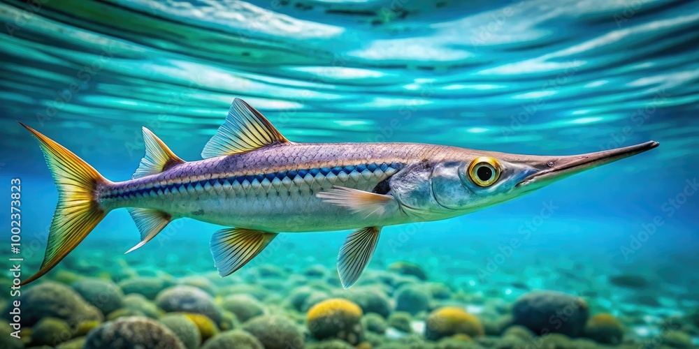 Fototapeta premium A Houndfish glides elegantly through pristine waters, its elongated body and distinctive characteristics captivating all who witness its graceful movements beneath the surface.