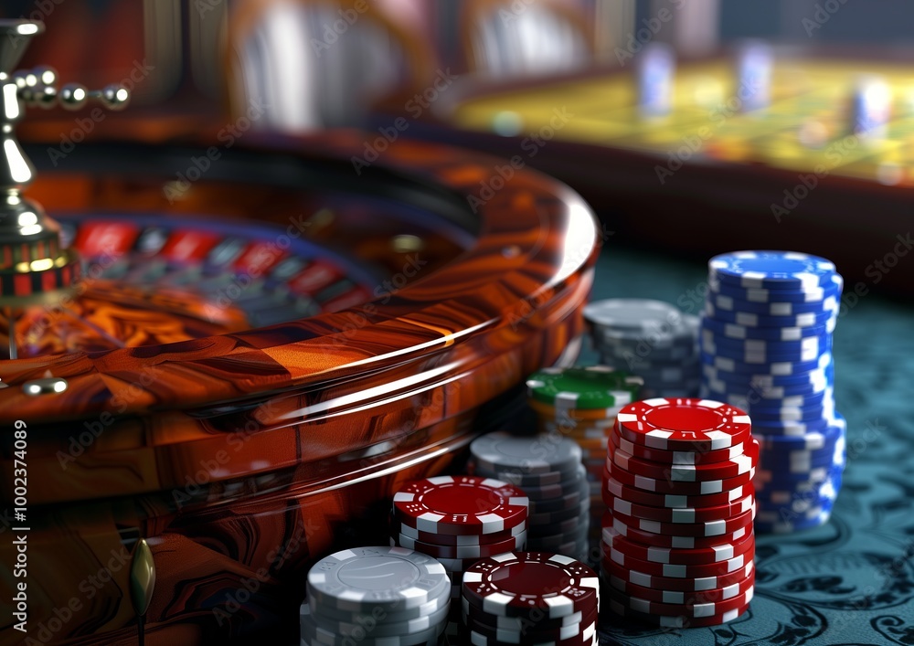 Exciting Moment at a Casino Table With Poker Chips and Roulette Wheel in the Background Exciting Moment at a Casino Table With Poker Chips and Roulette Wheel in the Background