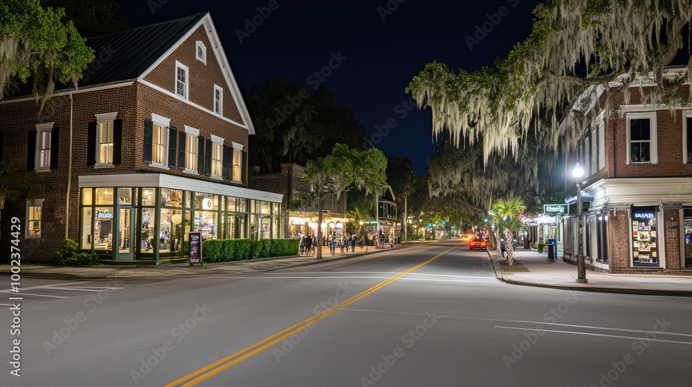 People walk along the lively main street, surrounded by modern buildings and illuminated storefronts under the night sky People walk along the lively main street, surrounded by modern buildings and illuminated storefronts under the night sky