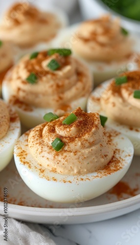 Close Up Food Photography Classic Deviled Eggs Garnished with Paprika and Fresh Chives.