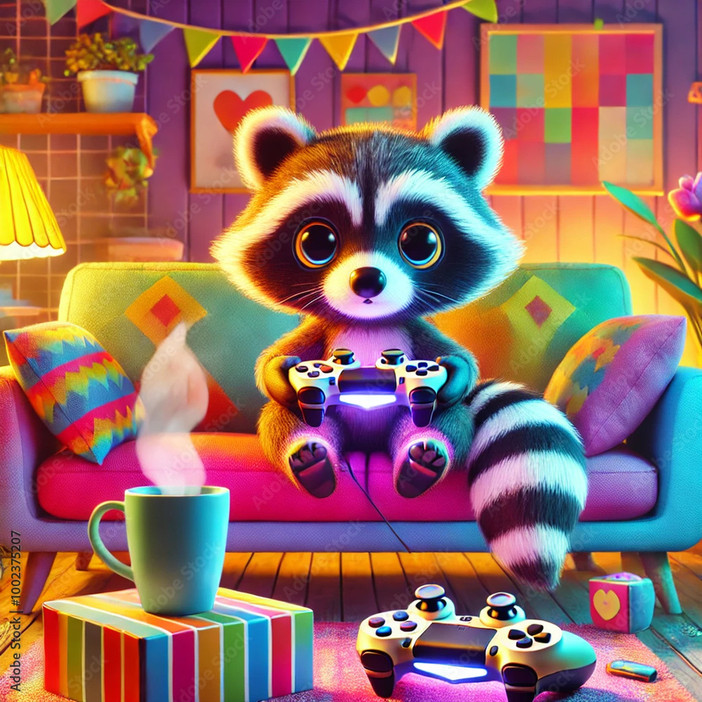 Cozy Raccoon Gamer with a Controller and Coffee