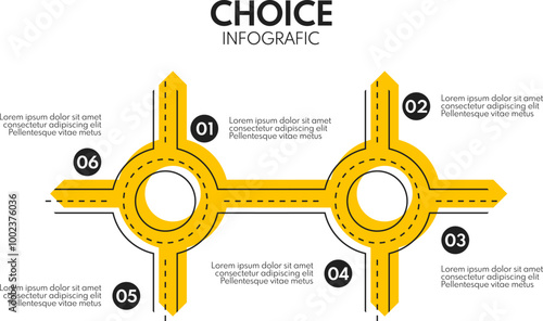 road line with two ring crossroads and 6 different exits, vector infographics template