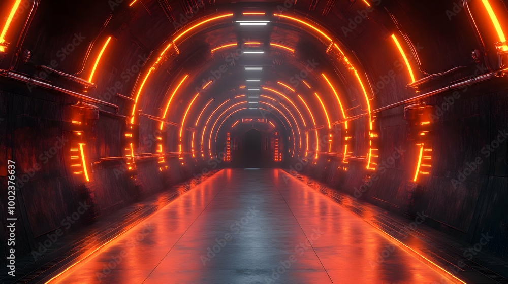 Orange Neon Lights Tunnel 3D Illustration Orange Neon Lights Tunnel 3D Illustration