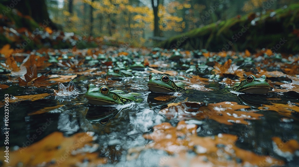 A group of green frogs sitting on a puddle of water near a forest filled with trees A group of green frogs sitting on a puddle of water near a forest filled with trees