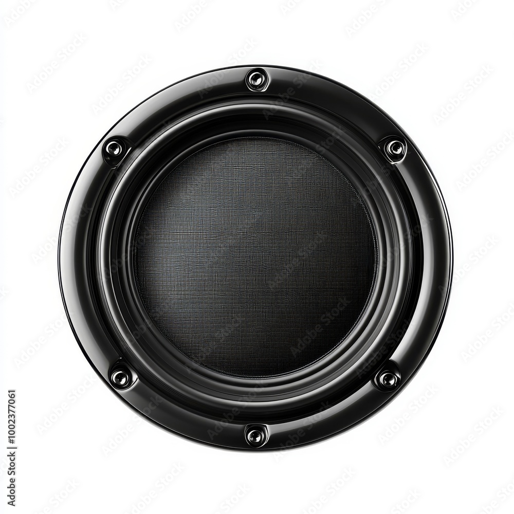 High-quality Black Speaker Cone With Metal Accents Displayed on a White Background High-quality Black Speaker Cone With Metal Accents Displayed on a White Background