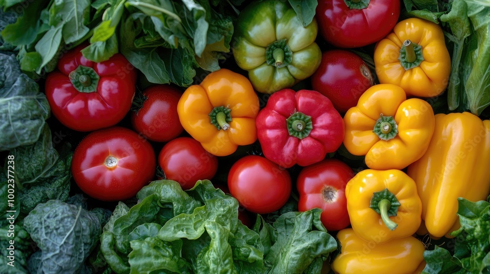 a top view of colorful vegetables spread out on a table, including vibrant bell peppers, tomatoes, and leafy greens, ready for a fresh meal. a top view of colorful vegetables spread out on a table, including vibrant bell peppers, tomatoes, and leafy greens, ready for a fresh meal.