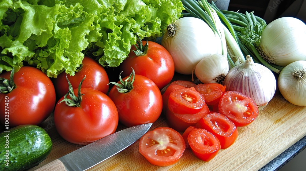 a top view of fresh vegetables on a cutting board, including tomatoes, onions, and lettuce, with a knife nearby for slicing. a top view of fresh vegetables on a cutting board, including tomatoes, onions, and lettuce, with a knife nearby for slicing.