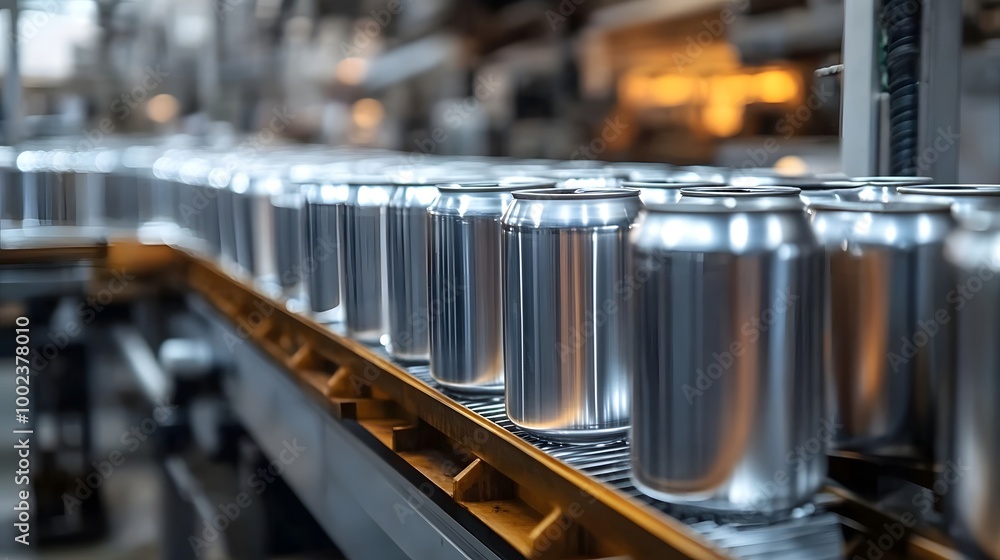 Naklejka premium Empty new aluminum cans for drink process in factory line on conveyor belt machine at beverage industrail business concept