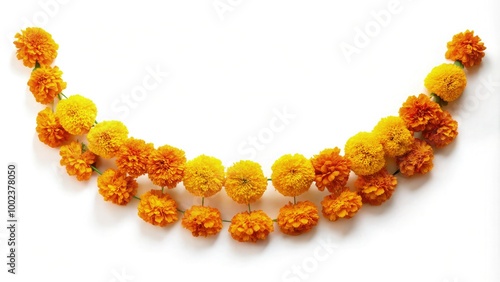 Vibrant marigold flower toran hanging decor for Diwali celebration, set against a crisp white background. photo