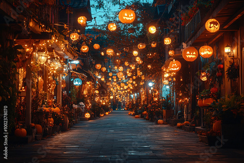 A street adorned with glowing carved pumpkin lanterns for Halloween, creating a spooky atmosphere. The buildings line the street under a dark sky filled with festive lights