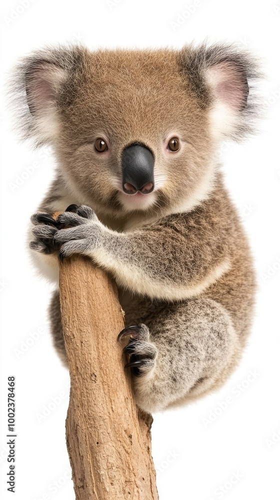 Fototapeta premium A koala bear clings to a eucalyptus branch, showcasing its distinctive features in a tranquil and isolated atmosphere