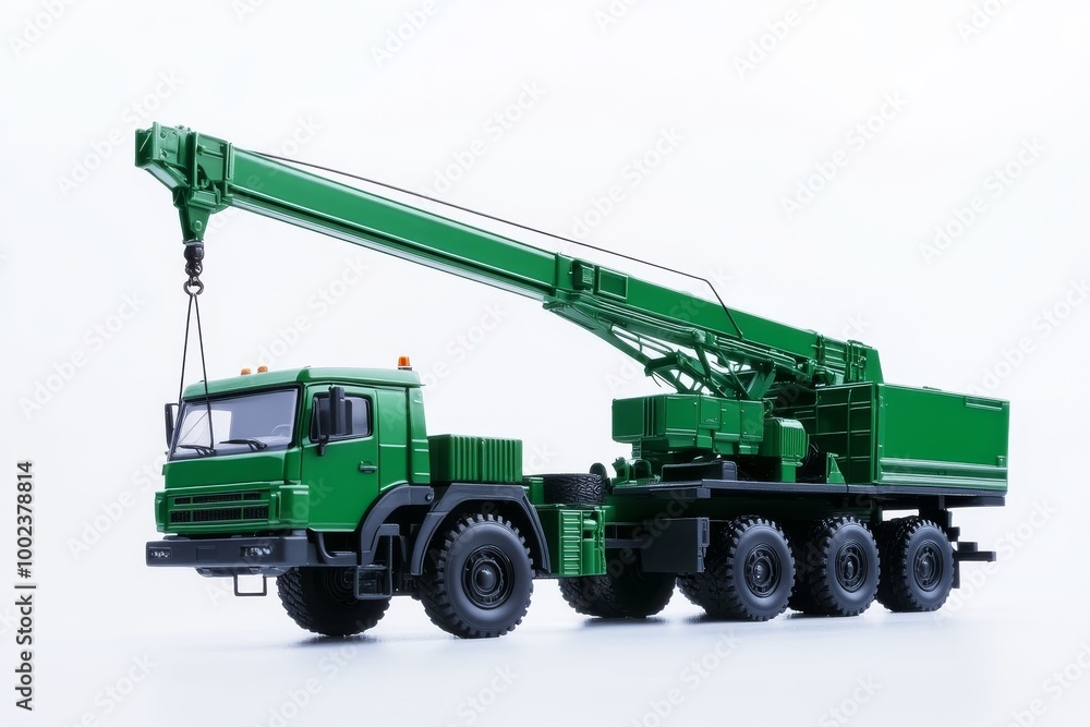 Green Crane Truck Model on a White Background Ready for Construction Tasks and Activities Green Crane Truck Model on a White Background Ready for Construction Tasks and Activities