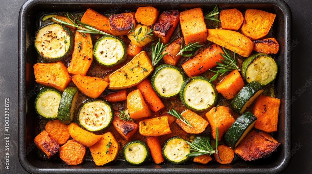 a top view of mixed vegetables roasted with herbs, including zucchini, carrots, and sweet potatoes, arranged on a baking tray. a top view of mixed vegetables roasted with herbs, including zucchini, carrots, and sweet potatoes, arranged on a baking tray.