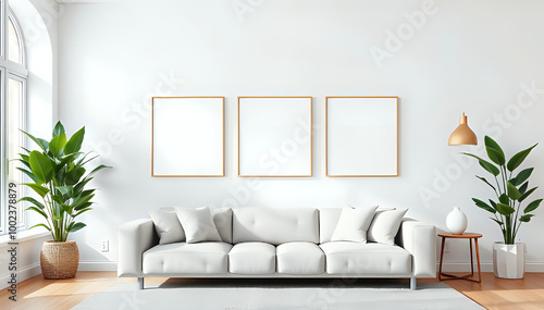 Blank picture frame mockup on white wall. Modern living room design. View of modern scandinavian style interior with sofa. Three square templates for artwork, painting, photo or poster photo