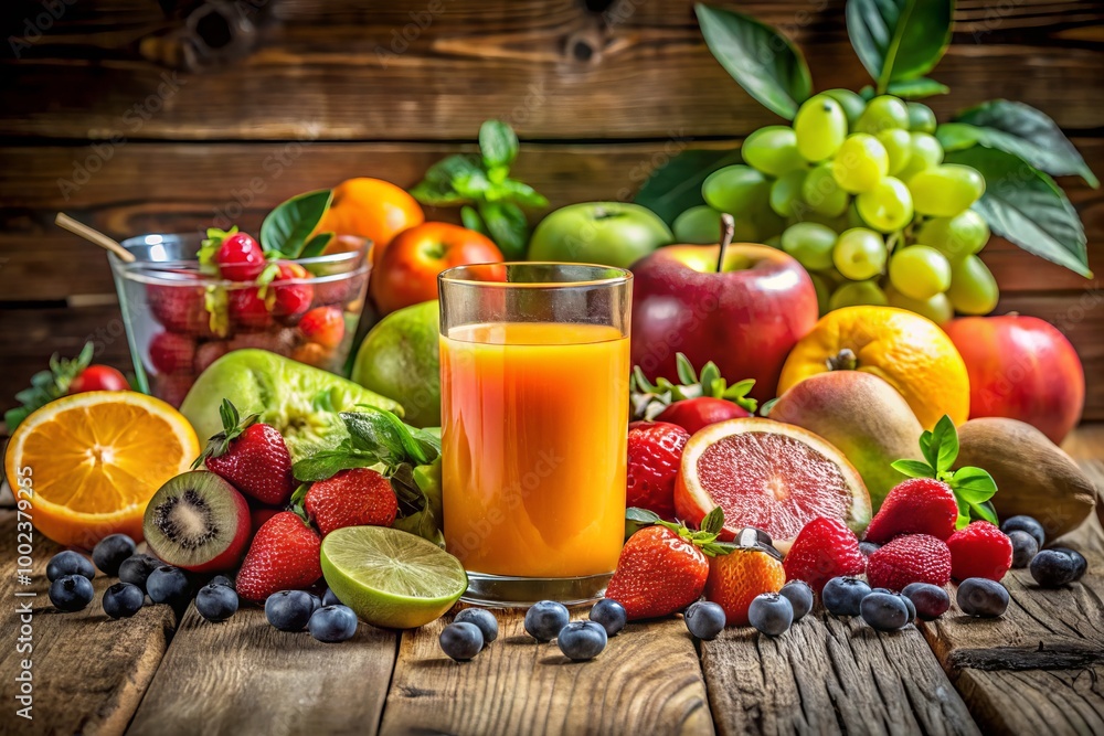 Vibrant fruits arranged beautifully with a refreshing glass of juice on a rustic wooden table, embodying a healthy Vibrant fruits arranged beautifully with a refreshing glass of juice on a rustic wooden table, embodying a healthy
