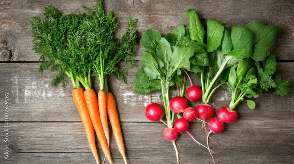 a top view of raw vegetables, featuring freshly picked carrots, radishes, and leafy greens, displayed on a rustic wooden table. a top view of raw vegetables, featuring freshly picked carrots, radishes, and leafy greens, displayed on a rustic wooden table.