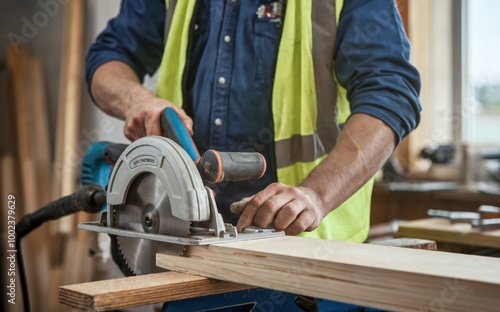 close up of Carpenter working with tools over table at carpentry workshop