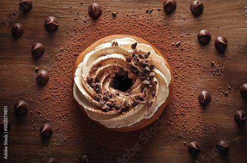 Chocolate-Frosted Doughnut with a Swirl of Whipped Cream for a Sweet Indulgence