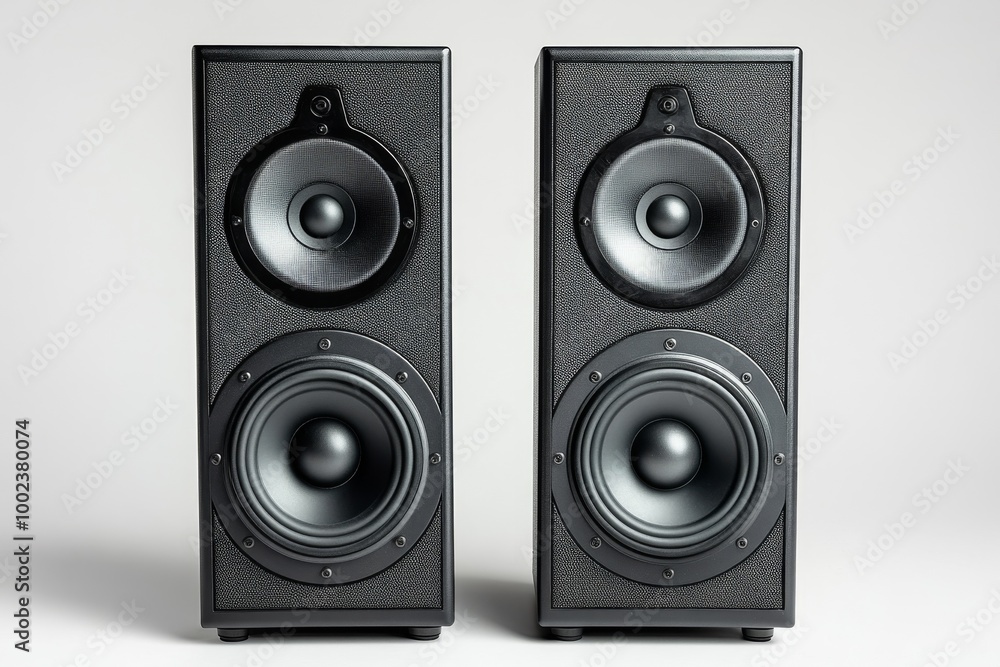 Two Sleek Black Speakers Stand Side by Side, Showcasing a Stylish Design