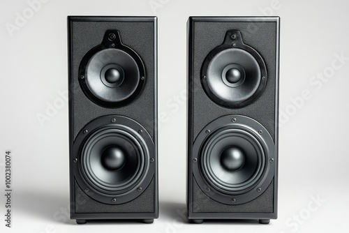 Obraz na płótnie Two Sleek Black Speakers Stand Side by Side, Showcasing a Stylish Design w salonie