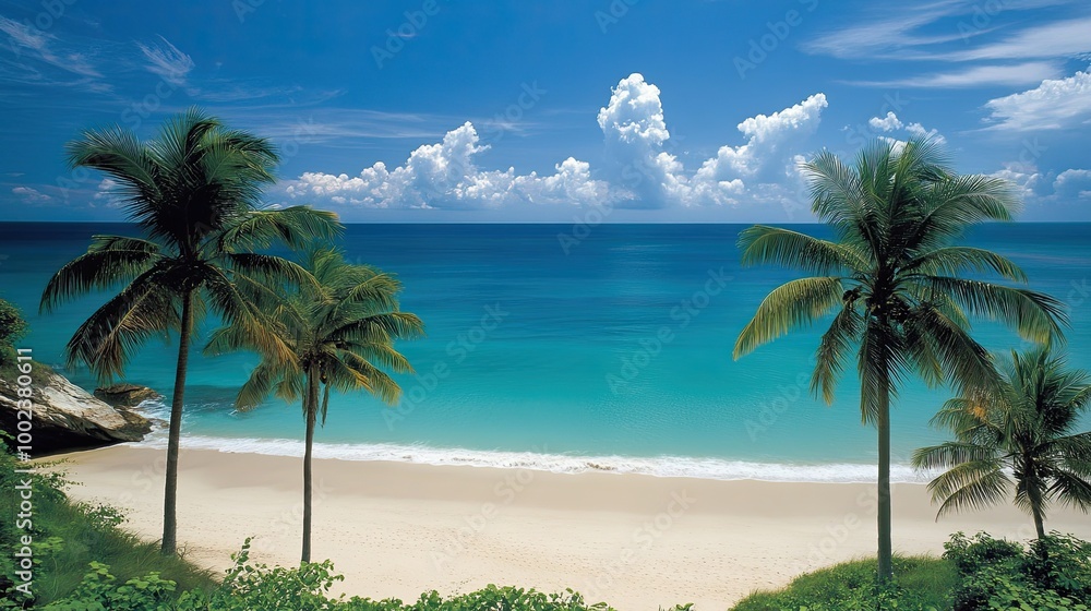 Fototapeta premium a tropical beach from a top view, showcasing palm trees lining the coastline, clear blue waters, and soft white sand.