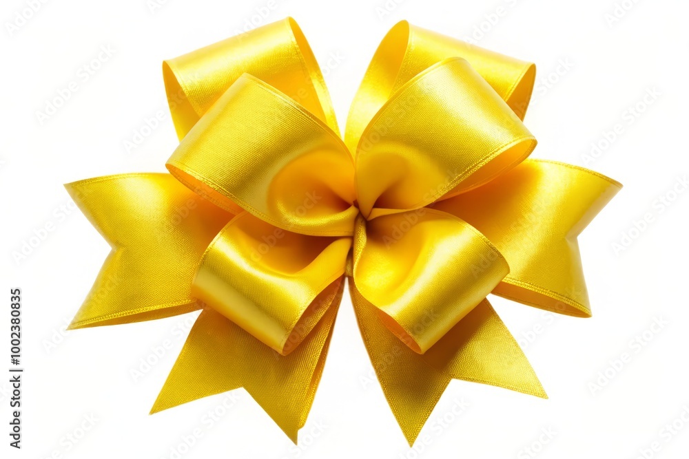 Vibrant yellow bow stands out against a white backdrop, perfect for gift wrapping and adding a decorative touch Vibrant yellow bow stands out against a white backdrop, perfect for gift wrapping and adding a decorative touch