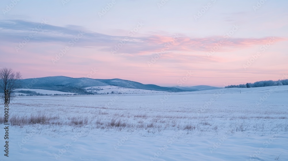 a vast winter landscape of snow-covered fields, distant mountains, and a soft, pink-tinged sky at dawn. a vast winter landscape of snow-covered fields, distant mountains, and a soft, pink-tinged sky at dawn.