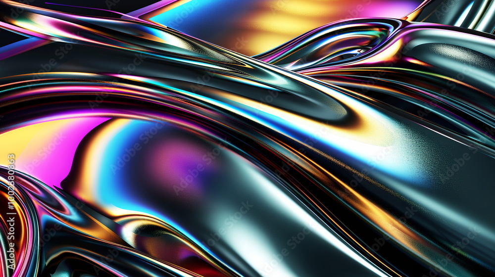3d render of abstract futuristic glossy background with iridescent rainbow reflection on black, metallic twisted tubes, chrome waves and curved lines, shiny metal surface 3d render of abstract futuristic glossy background with iridescent rainbow reflection on black, metallic twisted tubes, chrome waves and curved lines, shiny metal surface