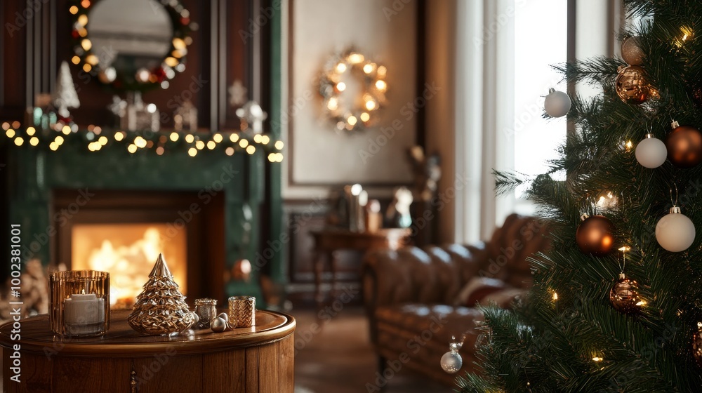 Warm Christmas background in the room with a beautiful interior with a Christmas tree fireplace and Christmas decorations calm atmosphere Warm Christmas background in the room with a beautiful interior with a Christmas tree fireplace and Christmas decorations calm atmosphere