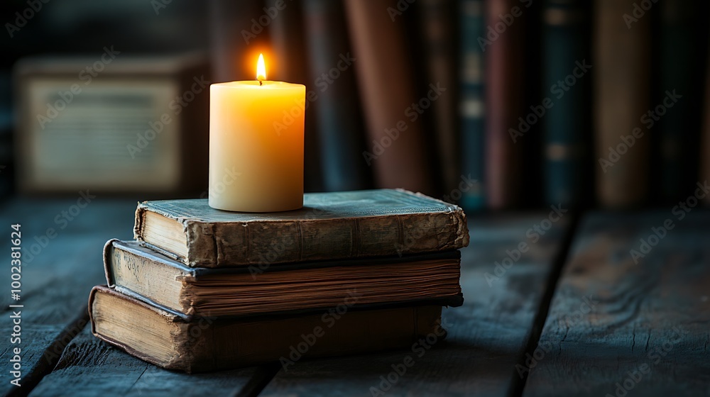 A burning candle illuminates a stack of old books resting on a weathered wooden surface, casting warm shadows and creating a serene ambiance. A burning candle illuminates a stack of old books resting on a weathered wooden surface, casting warm shadows and creating a serene ambiance.