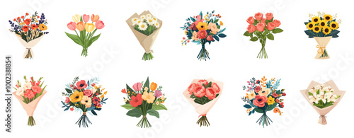 Flower bouquet set. Tulip rose lily daisy peony gladioluses wild flowers. With and without wrapper. Meadow botanical elements. Summer spring gift for woman. Flat cartoon style isolated vector clipart