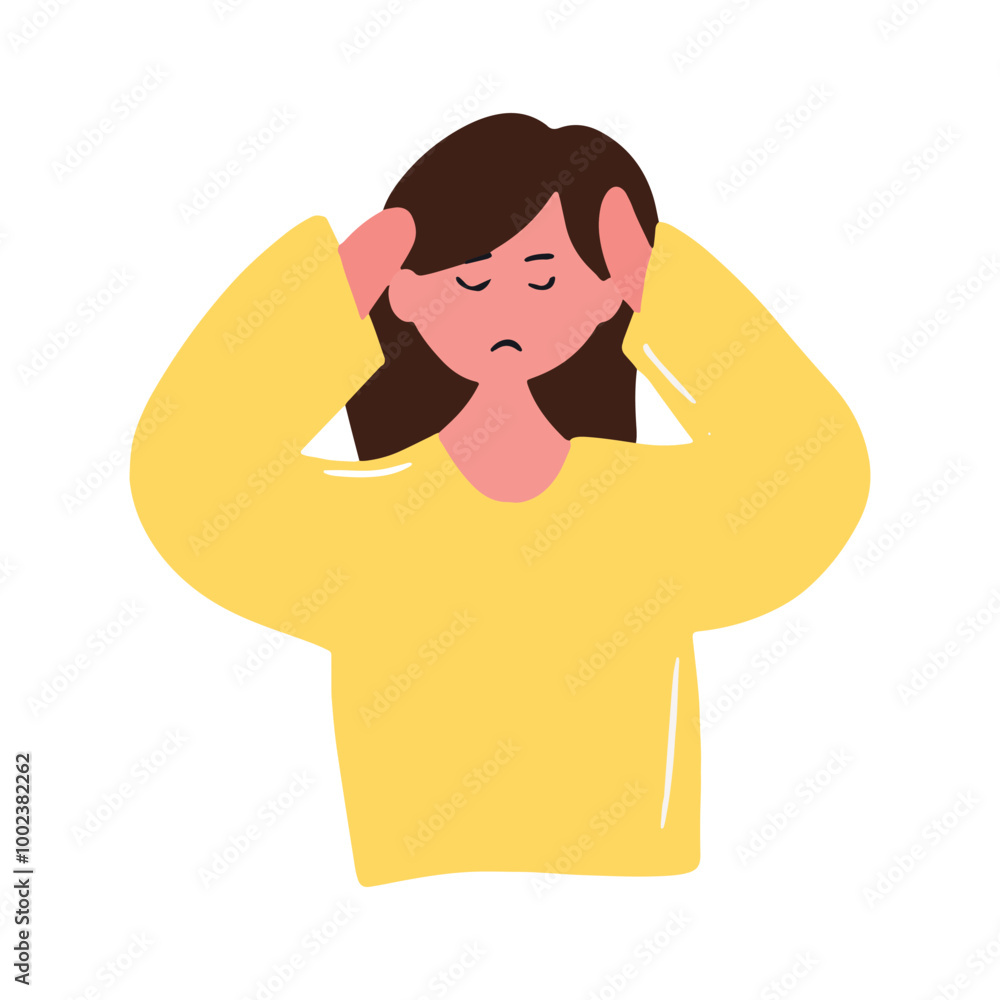 illustration of a woman experiencing depression and holding her head in her hands. illustration of a woman looking sad with a black shadow behind her illustration of a woman experiencing depression and holding her head in her hands. illustration of a woman looking sad with a black shadow behind her