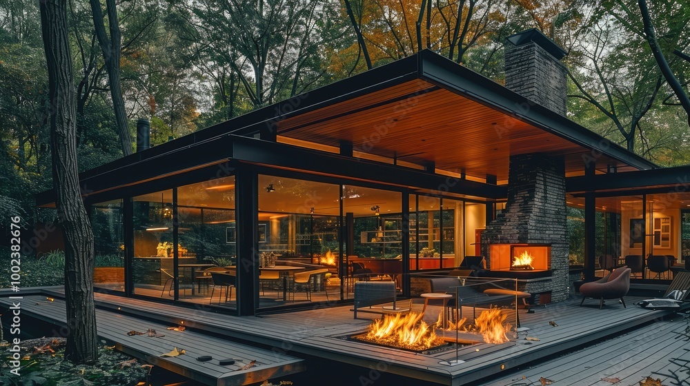 Fototapeta premium Modern House with a Retro Chic vibe, the entire house exterior, featuring Glass walls facade, and outdoor fireplace. Overhanging eaves roof.