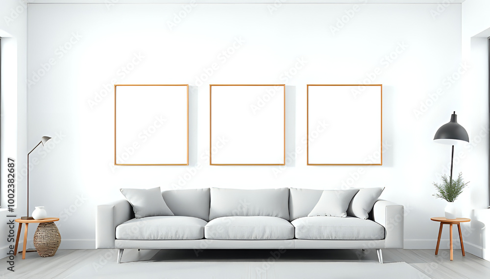 Scandinavian Chic: Blank Picture Frame Mockup on a White Wall with a Modern Sofa Scandinavian Chic: Blank Picture Frame Mockup on a White Wall with a Modern Sofa