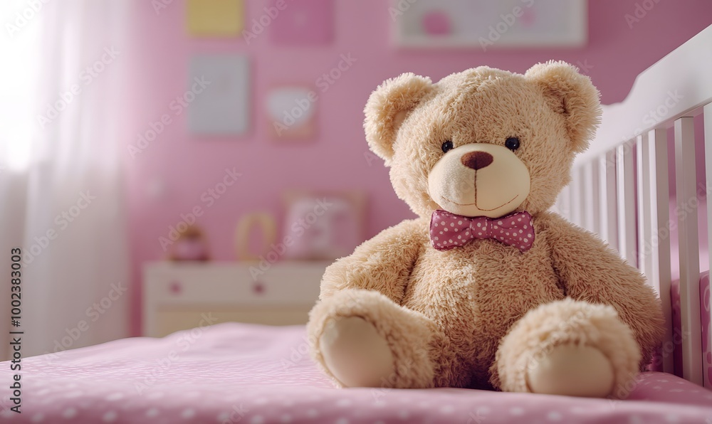 teddy bear toy against pink crib in kids room, Generative AI teddy bear toy against pink crib in kids room, Generative AI