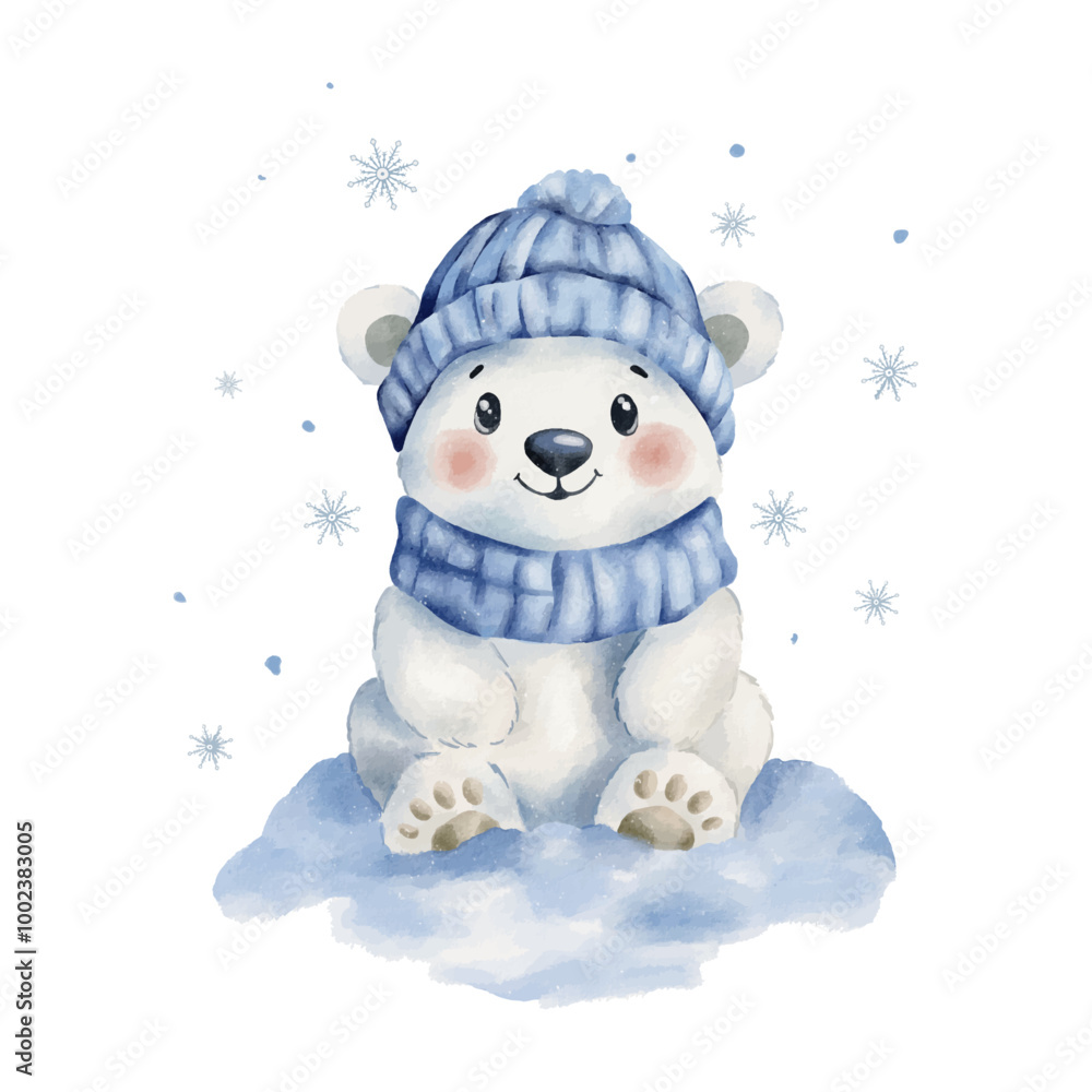 Obraz premium Vector watercolour polar bear. Cute white bear in a winter hat. Winter theme banner, kid's party, New Year greeting card, Christmas decoration. Cute cartoon bear character