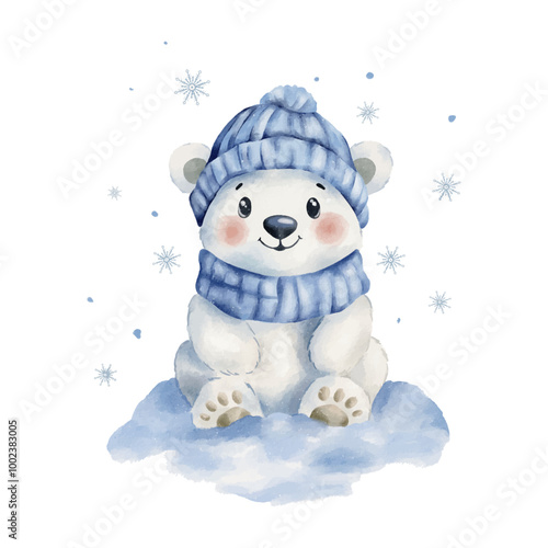 Vector watercolour polar bear. Cute white bear in a winter hat. Winter theme banner, kid's party, New Year greeting card, Christmas decoration. Cute cartoon bear character