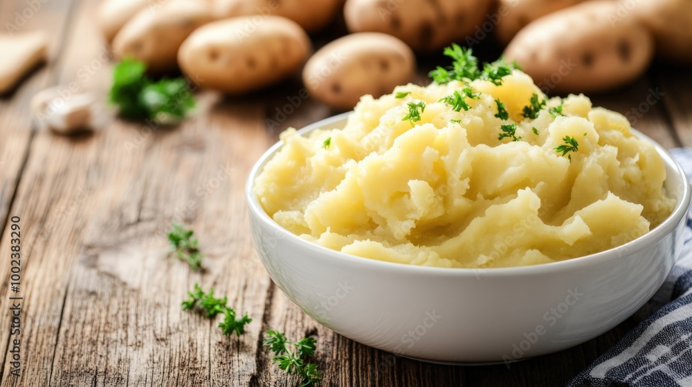 Mashed Potato. Cooked Vegetable Dish in White Bowl on Rustic Wooden Table. Healthy and Vegetarian Food Concept Mashed Potato. Cooked Vegetable Dish in White Bowl on Rustic Wooden Table. Healthy and Vegetarian Food Concept