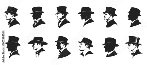 Gentleman profile silhouette head in a different style hat set. Mafia headwear victorian style top hat cowboy. Man side view portrait. Black and white simple flat logo style. Isolated vector on white