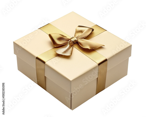 Elegant beige present box wrapped with ribbon, isolated on transparent cutout background