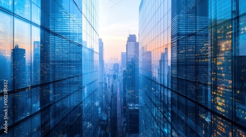 A Cityscape Reflected in the Glass Walls of Modern Skyscrapers