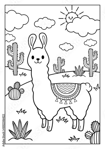 cute alpaca in desert coloring page illustration
