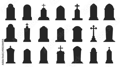 Gravestone black icons set. Tomb headstone cemetery graveyard stone. Burial funeral Christian monument with cross. Rip death design elements. Black and white simple flat style isolated vector on white