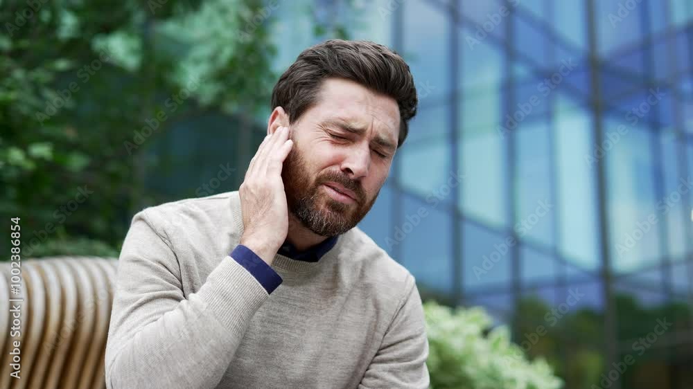 Man suffers from ear pain while sitting on a bench outside modern office building in urban city. Mature male experiencing ear discomfort. Businessman holding ear. Concept of pain and stress. Close up Man suffers from ear pain while sitting on a bench outside modern office building in urban city. Mature male experiencing ear discomfort. Businessman holding ear. Concept of pain and stress. Close up