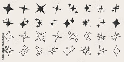 Set of blinking stars, sparks and sparkles. Shining twinkle sunburst shapes collection. Magic light flare pack for design template, poster, banner, brochure, leaflet. Vector glint glitter Vector EPS10