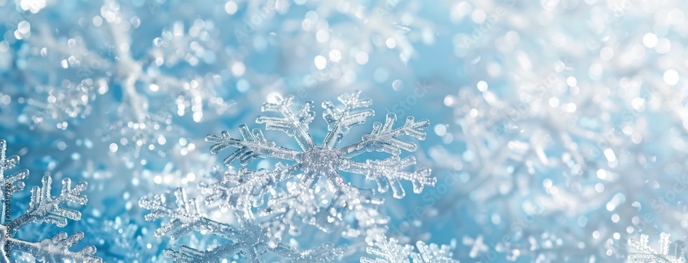 Close up of delicate snowflakes on a shimmering blue background creating a winter wonderland effect Close up of delicate snowflakes on a shimmering blue background creating a winter wonderland effect