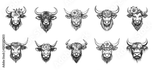 Highland cow head portrait. Front view. With meadow flower around head. Big horns. Strong wild domestic animal cattle. Black and white simple flat tatoo style. Isolated vector on white background