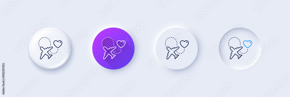 Honeymoon travel line icon. Neumorphic, Purple gradient, 3d pin buttons. Love trip sign. Valentines day flight symbol. Line icons. Neumorphic buttons with outline signs. Vector Honeymoon travel line icon. Neumorphic, Purple gradient, 3d pin buttons. Love trip sign. Valentines day flight symbol. Line icons. Neumorphic buttons with outline signs. Vector