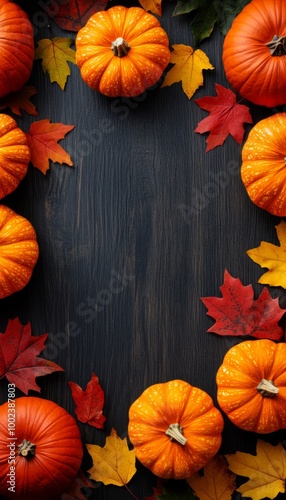 Autumnal Harvest Frame Vibrant Pumpkins and Foliage on Dark Rustic Wood with Copy Space