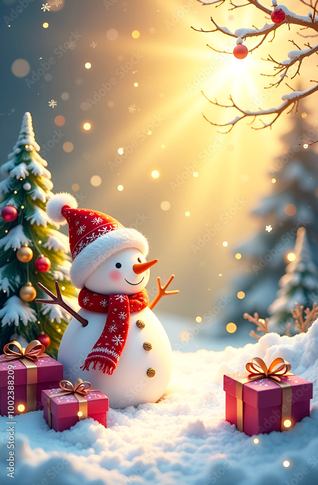 Christmas card with a snowman, christmas tree and gifts infront and the sun light on the background Christmas card with a snowman, christmas tree and gifts infront and the sun light on the background